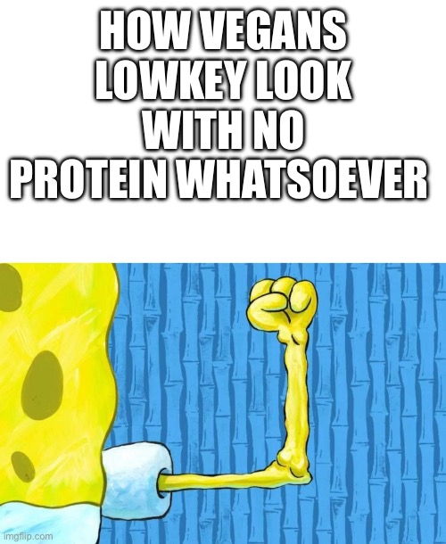 No eggs is crazy | How vegans lowkey look with no protein whatsoever | image tagged in spongebob weak arm | made w/ Imgflip meme maker