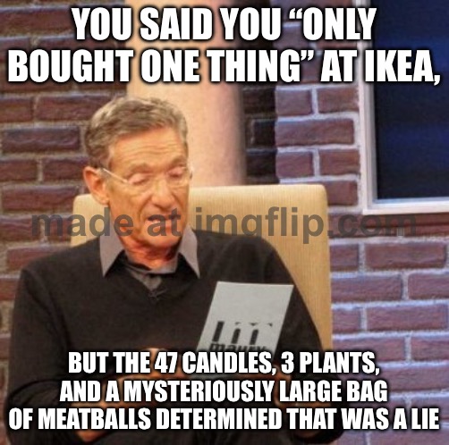 YOU SAID YOU “ONLY BOUGHT ONE THING” AT IKEA | YOU SAID YOU “ONLY BOUGHT ONE THING” AT IKEA, BUT THE 47 CANDLES, 3 PLANTS, AND A MYSTERIOUSLY LARGE BAG OF MEATBALLS DETERMINED THAT WAS A LIE | image tagged in memes,maury lie detector,ikea,shopping,shopping cart,spending | made w/ Imgflip meme maker