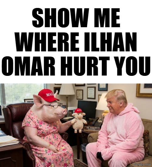 Ilhan Omar | SHOW ME WHERE Ilhan Omar HURT YOU | image tagged in ilhan omar,donald trump,maga,make america great again,miss piggy,political meme | made w/ Imgflip meme maker