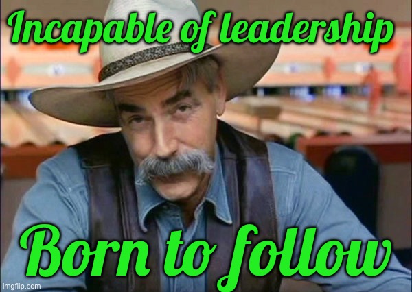 Sam Elliott special kind of stupid | Incapable of leadership; Born to follow | image tagged in sam elliott special kind of stupid | made w/ Imgflip meme maker