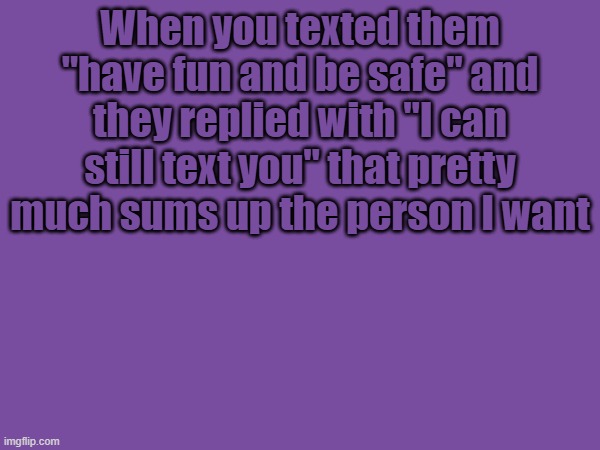 When you texted them "have fun and be safe" and they replied with "I can still text you" that pretty much sums up the person I want | made w/ Imgflip meme maker