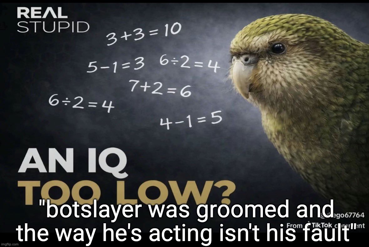 he literally switched up personalities within a matter of days | "botslayer was groomed and the way he's acting isn't his fault" | image tagged in an iq too low | made w/ Imgflip meme maker