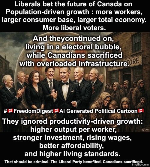 Liberal Incompetence | Liberals bet the future of Canada on 
Population-driven growth : more workers,
larger consumer base, larger total economy.
More liberal voters. And theycontinued on, 
living in a electoral bubble, 
while Canadians sacrificed with overloaded infrastructure. #🇨🇦FreedomDigest🇨🇦Al Generated Political Cartoon🇨🇦; They ignored productivity-driven growth:
 higher output per worker,
stronger investment, rising wages,
better affordability, 
and higher living standards. That should be criminal. The Liberal Party benefited. Canadians sacrificed. | image tagged in canadian politics | made w/ Imgflip meme maker