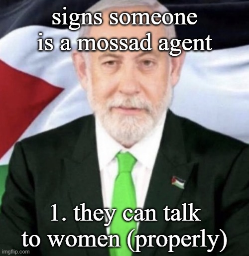 Palestinian yahu | signs someone is a mossad agent; 1. they can talk to women (properly) | image tagged in palestinian yahu | made w/ Imgflip meme maker