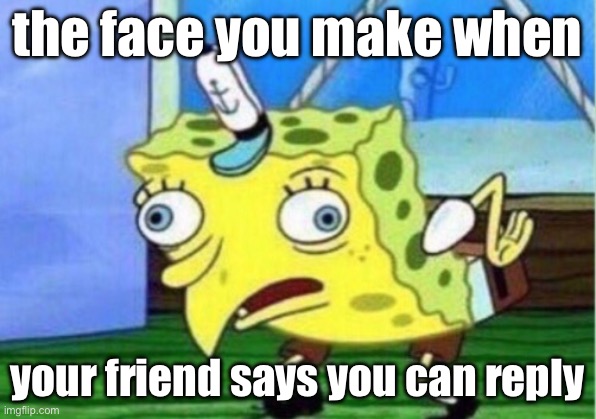 Mocking Spongebob | the face you make when; your friend says you can reply | image tagged in memes,mocking spongebob | made w/ Imgflip meme maker