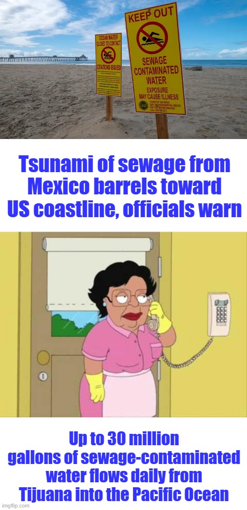 Not a peep out of the LIB inviormental cases | Tsunami of sewage from Mexico barrels toward US coastline, officials warn; Up to 30 million gallons of sewage-contaminated water flows daily from Tijuana into the Pacific Ocean | image tagged in memes,consuela | made w/ Imgflip meme maker