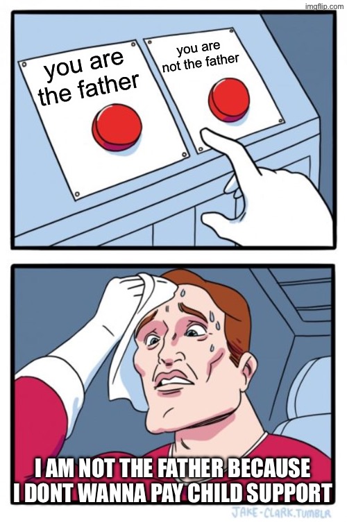 Two Buttons Meme | you are not the father; you are the father; i am not the father because i dont wanna pay child support | image tagged in memes,two buttons | made w/ Imgflip meme maker