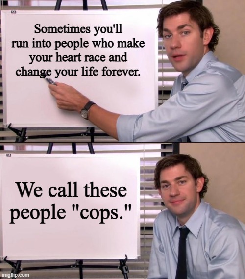 Jim Halpert Explains | Sometimes you'll run into people who make your heart race and change your life forever. We call these people "cops." | image tagged in jim halpert explains | made w/ Imgflip meme maker