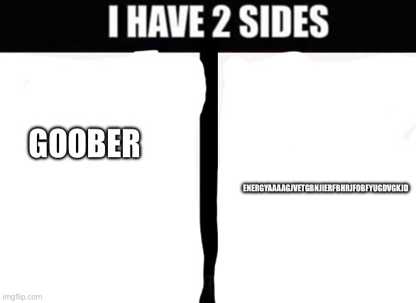i have 2 sides | Energyaaaagjvetgbnjierfbhrjfobfyugdvgkjd; Goober | image tagged in i have 2 sides | made w/ Imgflip meme maker