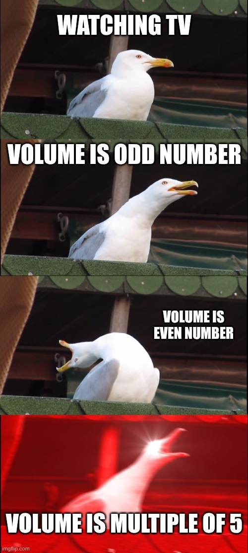 Inhaling Seagull Meme | Watching Tv; Volume is odd number; Volume is even number; Volume is multiple of 5 | image tagged in memes,inhaling seagull | made w/ Imgflip meme maker