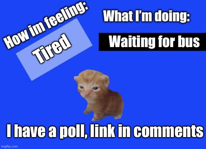 Son | Waiting for bus; Tired; I have a poll, link in comments | image tagged in secure2019 announce temp | made w/ Imgflip meme maker
