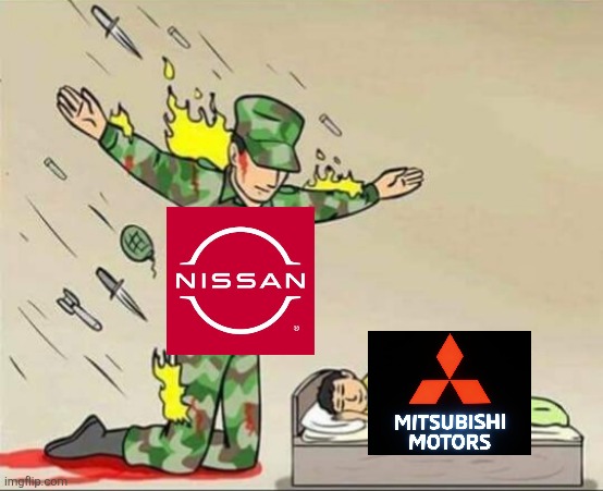 How Mitsubishi is staying alive | image tagged in soldier protecting sleeping child,mitsubishi,nissan,renault | made w/ Imgflip meme maker