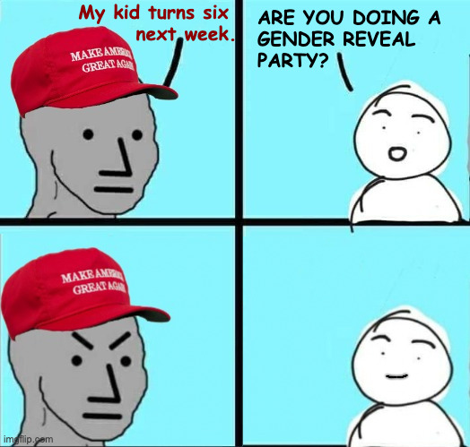 Opportunity is where you find it. | My kid turns six 
next week. are you doing a
gender reveal
party? | image tagged in maga npc an an0nym0us template,memes | made w/ Imgflip meme maker