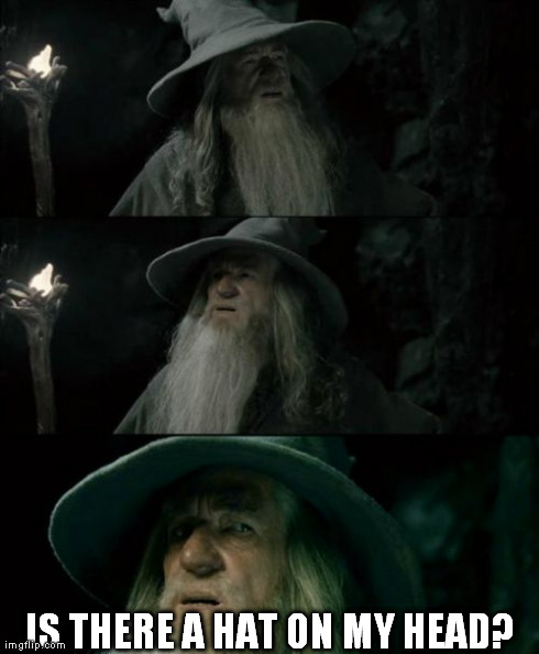 Confused Gandalf | IS THERE A HAT ON MY HEAD? | image tagged in memes,confused gandalf | made w/ Imgflip meme maker
