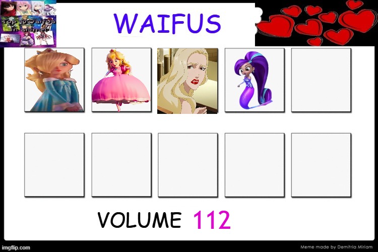 waifus volume 112 | 112 | image tagged in waifus blank,volume,the little mermaid,super mario galaxy,nick jr,nintendo | made w/ Imgflip meme maker