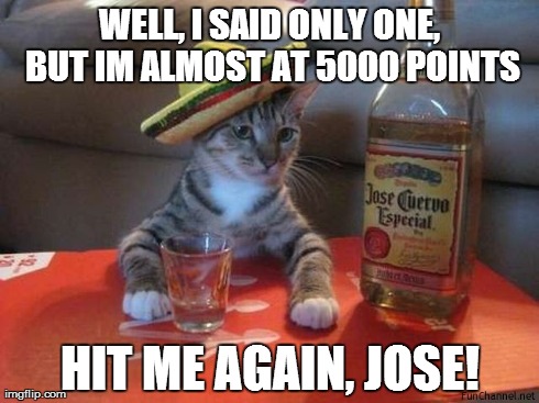 5000 point mark | WELL, I SAID ONLY ONE, BUT IM ALMOST AT 5000 POINTS HIT ME AGAIN, JOSE! | image tagged in cats | made w/ Imgflip meme maker