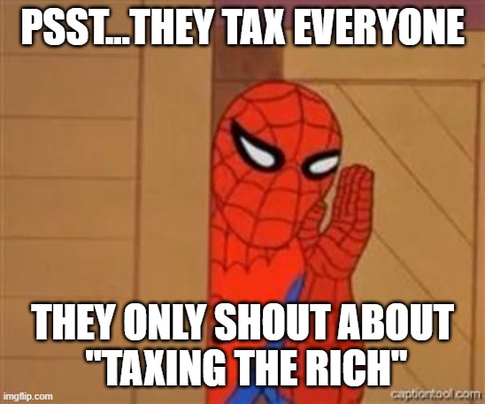 psst...they tax everyone they only shout about
 "taxing the rich" | image tagged in psst spiderman | made w/ Imgflip meme maker