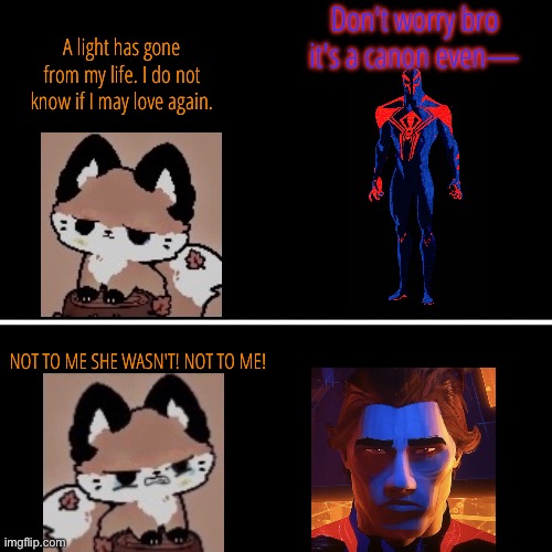 You can probably guess what happened | Don't worry bro it's a canon even—; A light has gone from my life. I do not know if I may love again. NOT TO ME SHE WASN'T! NOT TO ME! | image tagged in ragecomic,spiderverse,canon event,breakup | made w/ Imgflip meme maker