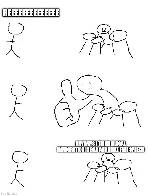 REEEEEEEEEEEEEE anyways I think illegal immigration is bad and I like free speech | image tagged in ok bud | made w/ Imgflip meme maker