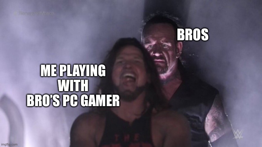 Bros pc gamer is still good | Bros; Me playing with Bro’s pc gamer | image tagged in aj styles undertaker,bros,cooked,gaming,fun | made w/ Imgflip meme maker