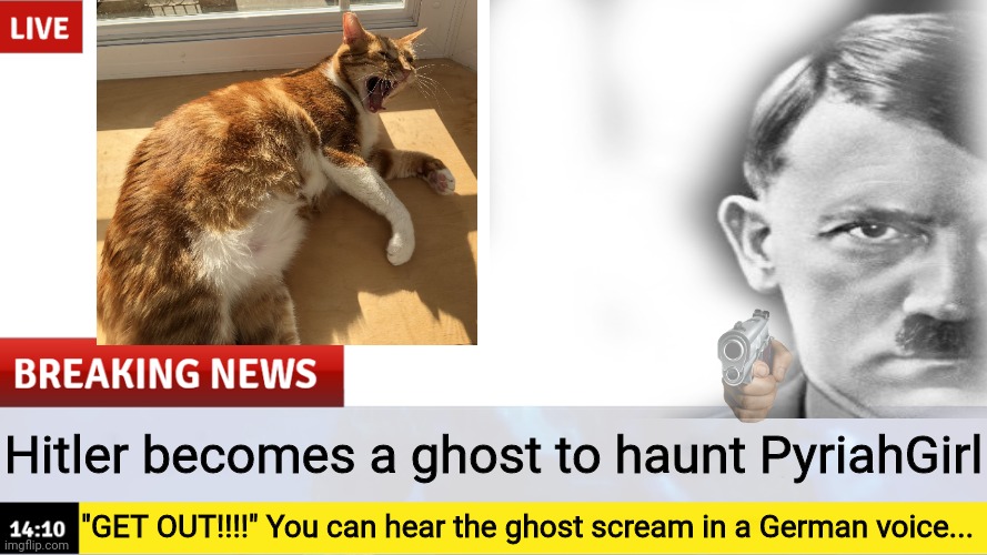 Maybe real news that must be a destiny | Hitler becomes a ghost to haunt PyriahGirl; "GET OUT!!!!" You can hear the ghost scream in a German voice... | image tagged in breaking news template | made w/ Imgflip meme maker