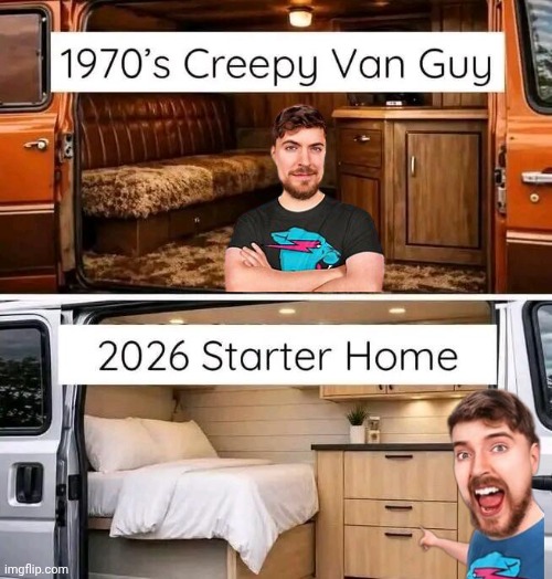 Creepy van turned starter home | image tagged in img 21 jpeg,van,mr beast | made w/ Imgflip meme maker
