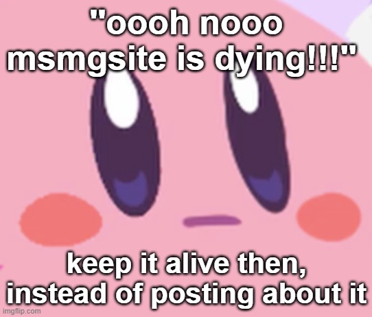 Blank Kirby Face | ''oooh nooo msmgsite is dying!!!''; keep it alive then, instead of posting about it | image tagged in blank kirby face | made w/ Imgflip meme maker