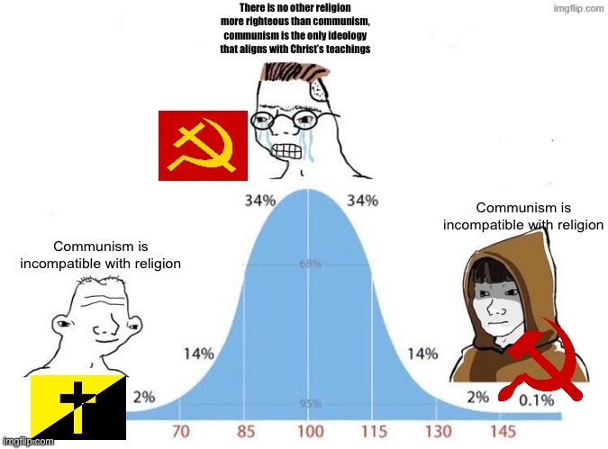 the low iq guy is a christian ancap flag | image tagged in bell curve,anarchism,communism,christianity,communists | made w/ Imgflip meme maker