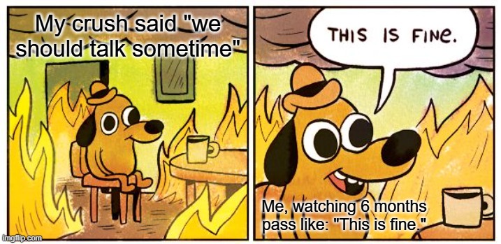 crush saying we should talk sometime be like | My crush said "we should talk sometime"; Me, watching 6 months pass like: "This is fine." | image tagged in memes,this is fine | made w/ Imgflip meme maker