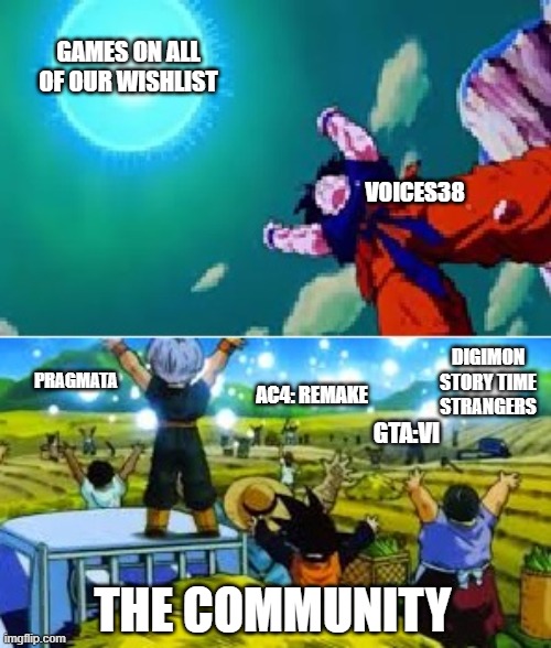 DBZ SB.jpg | Games on all of our wishlist; Voices38; Digimon Story time strangers; Pragmata; AC4: Remake; GTA:VI; The community | image tagged in dbz sb jpg | made w/ Imgflip meme maker