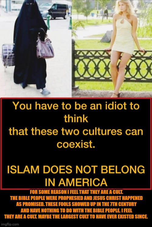 Funny | For some reason I feel that they are a cult. The Bible people were prophesied and Jesus Christ happened as promised. These fools showed up in the 7th century and have nothing to do with the Bible people. I feel they are a cult. Maybe the largest cult to have ever existed since. | image tagged in funny,politics,usa,cult,jesus christ,political | made w/ Imgflip meme maker