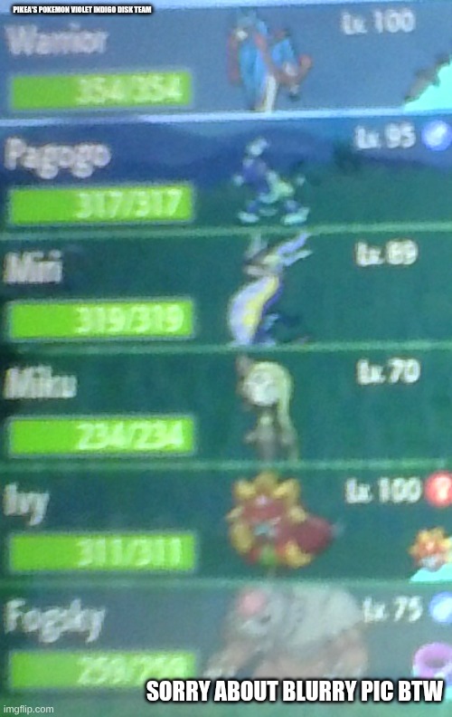 pikea's pokemon violet team | pikea's pokemon violet indigo disk team; sorry about blurry pic btw | image tagged in pokemon violet,teams | made w/ Imgflip meme maker