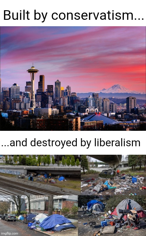 poor Seattle | Built by conservatism... ...and destroyed by liberalism | image tagged in seattle,washington,conservative,liberal,cities,destruction | made w/ Imgflip meme maker