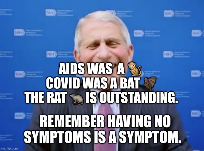 Fauci laughs at the suckers | AIDS was  a 🐒   Covid was a bat 🦇  the rat 🐀 is outstanding. Remember having no symptoms is a symptom. | image tagged in fauci laughs at the suckers | made w/ Imgflip meme maker