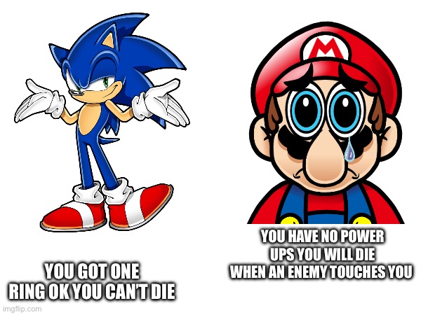 Sonic vs Mario | You got one ring ok you can’t die; You have no power ups You will die when an enemy touches you | image tagged in meme,retro gaming | made w/ Imgflip meme maker
