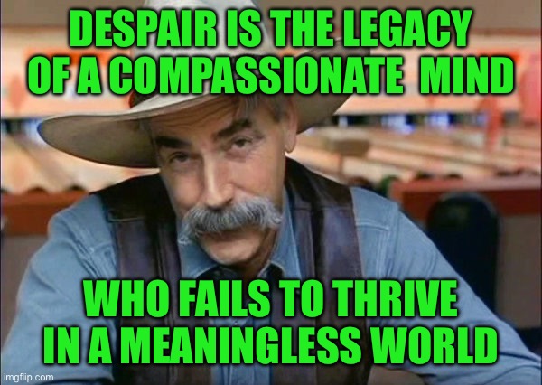 Sam Elliott special kind of stupid | Despair is the legacy of a compassionate  mind; Who fails to thrive in a meaningless world | image tagged in sam elliott special kind of stupid | made w/ Imgflip meme maker