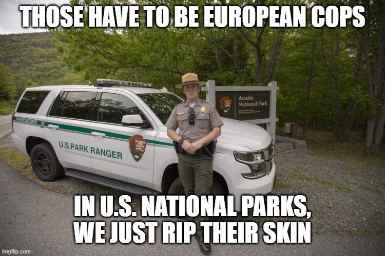 park ranger | those have to be european cops in U.S. national parks, we just rip their skin | image tagged in park ranger | made w/ Imgflip meme maker