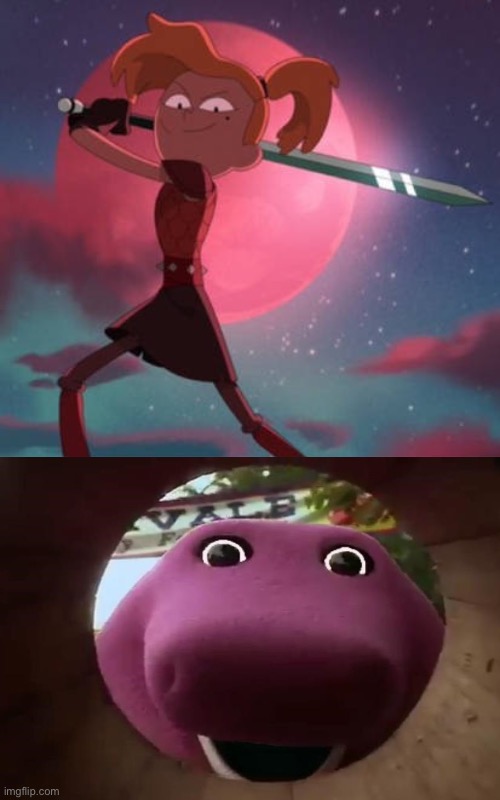 Sasha is ready to defeat Barney (no attacking or harassing, plz, thanks) | image tagged in deviantart,disney channel,amphibia,barney the dinosaur,disney,barney sucks | made w/ Imgflip meme maker