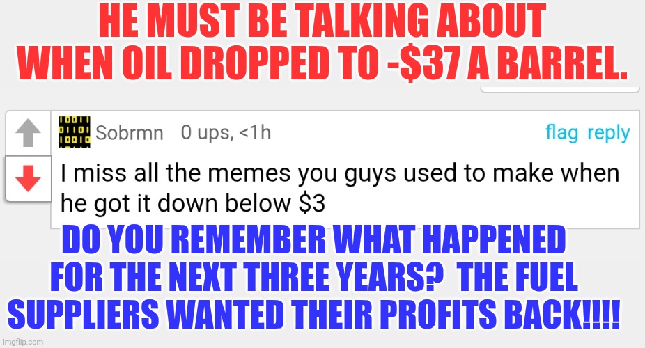 I have a timer, I cant reply directly | He must be talking about when oil dropped to -$37 a barrel. Do you remember what happened for the next three years?  The fuel suppliers wanted their profits back!!!! | made w/ Imgflip meme maker
