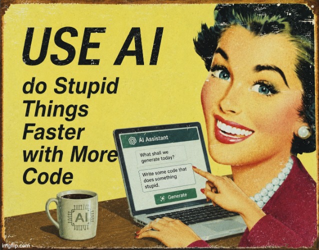 Use AI, do stupid things faster with more code | image tagged in ai,coding | made w/ Imgflip meme maker