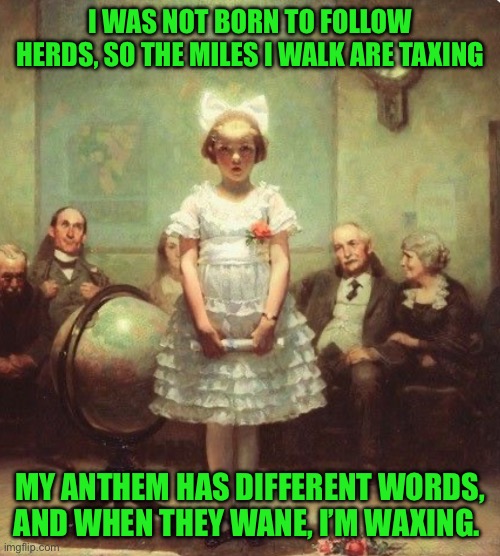 IMG_8990.jpeg | I was not born to follow herds, so the miles I walk are taxing; My anthem has different words, and when they wane, I’m waxing. | image tagged in img_8990 jpeg | made w/ Imgflip meme maker