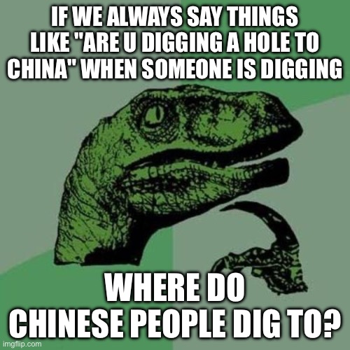 :0 | If we always say things like "are u digging a hole to china" when someone is digging; Where do chinese people dig to? | image tagged in raptor | made w/ Imgflip meme maker