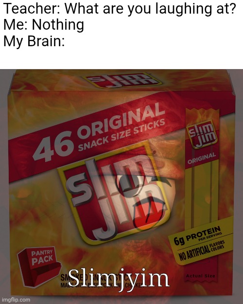 Slimjyim | Teacher: What are you laughing at?
Me: Nothing
My Brain:; Slimjyim | image tagged in slim jims,slimyim,regretevator | made w/ Imgflip meme maker