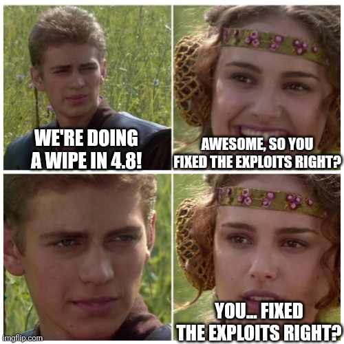 Anakin Padme Meme | Awesome, so you fixed the exploits right? We're doing a wipe in 4.8! You... Fixed the exploits right? | image tagged in anakin padme meme | made w/ Imgflip meme maker