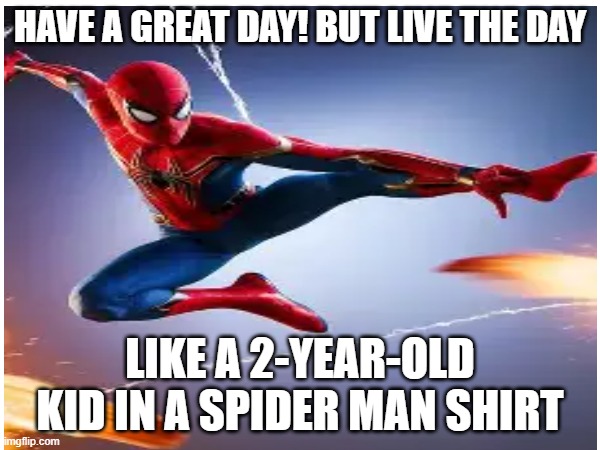Spider Man | have a great day! but live the day; like a 2-year-old kid in a spider man shirt | image tagged in funny | made w/ Imgflip meme maker