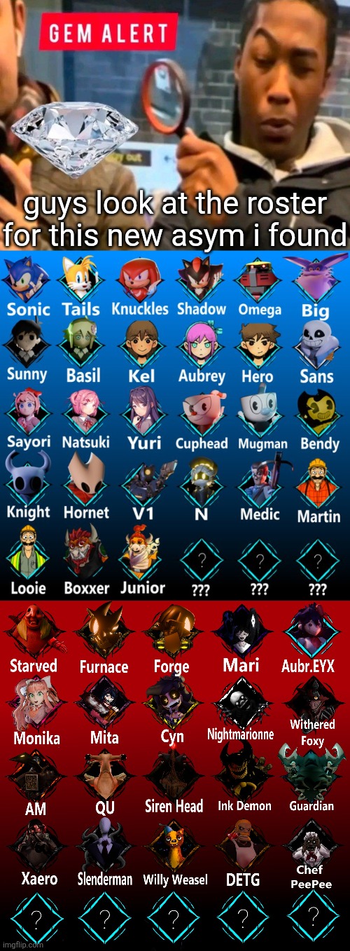 I know yall don't care too much for roblox asyms but... look at ts (blue is survivors, red is killers) | guys look at the roster for this new asym i found | image tagged in gem alert | made w/ Imgflip meme maker