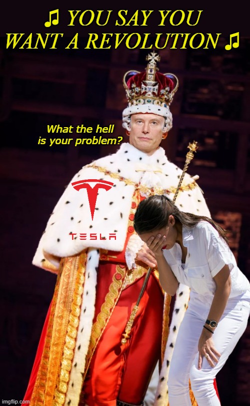Sandy :  "The American Revolution was fought against the billionaires" | ♫ you say you want a Revolution ♫; What the hell is your problem? | image tagged in aoc revolution billionaires musk meme | made w/ Imgflip meme maker
