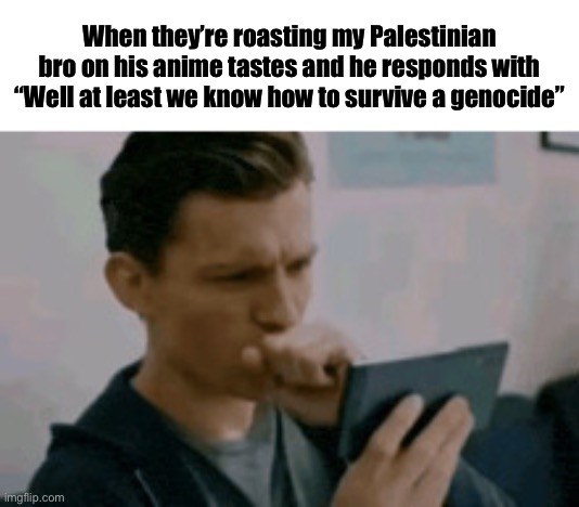 What a burn on the Zios | When they’re roasting my Palestinian bro on his anime tastes and he responds with “Well at least we know how to survive a genocide” | image tagged in img_3563 gif,tom holland,spiderman,palestine,middle east | made w/ Imgflip meme maker