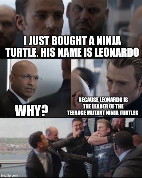 I like Leonardo in the Teenage Mutant Ninja Turtles franchise | I just bought a ninja turtle. His name is Leonardo; Why? Because Leonardo is the leader of the Teenage Mutant Ninja Turtles | image tagged in captain america elevator fight dad joke,memes,funny,tmnt,teenage mutant ninja turtles | made w/ Imgflip meme maker