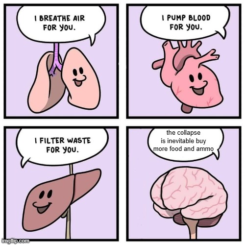 organs and brain | the collapse is inevitable buy more food and ammo | image tagged in organs and brain,ammo,food,collapse,guns | made w/ Imgflip meme maker